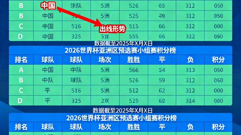2026世界杯亚洲区预选赛各小组积分榜走势图，用箭头标注了中国队所在的A组出线形势