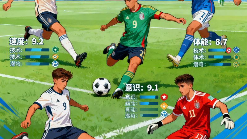五位来自不同国家青训营的年轻足球新星在比赛中的拼图，展示他们的潜力数据